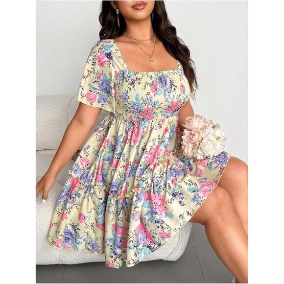 Plus Size Women's Boho Floral Ruffle Dress High Waisted A Line Vacation Wear - Picture 4 of 5